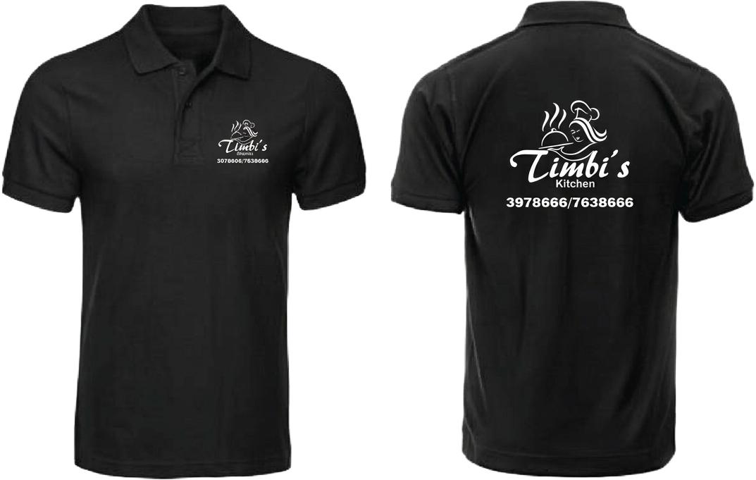 Front and back view of a black polo shirt printed with the white Timbi's Kitchen logo, chef illustration and contact numbers.