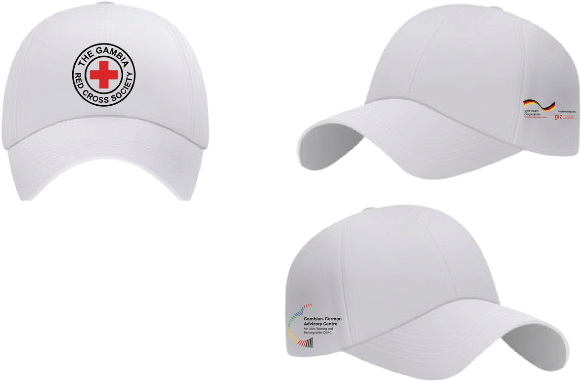 White baseball caps printed with the Gambia Red Cross Society roundel, and partner logos for German Cooperation/GIZ and the Gambian-German Advisory Centre (GGACI).