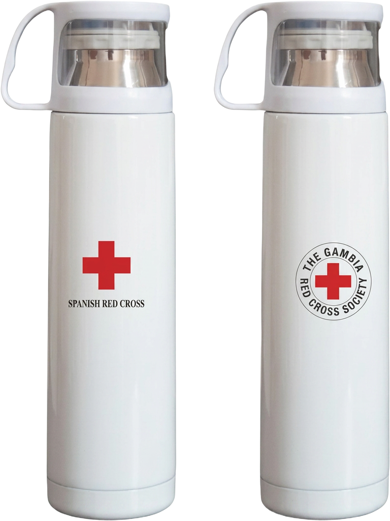 Two white stainless-steel vacuum flasks printed with the Spanish Red Cross mark and the Gambia Red Cross Society roundel.