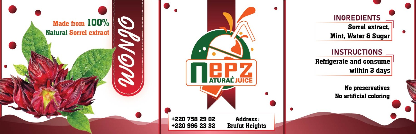 Wrap-around bottle label for Nepz Natural Juice Wongo sorrel drink, with sorrel imagery, ingredients and instructions panels.
