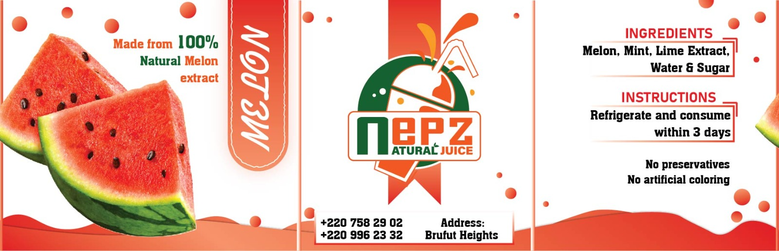 Wrap-around bottle label for Nepz Natural Juice melon flavour, printed in red, green and white with watermelon slices and ingredients panel.