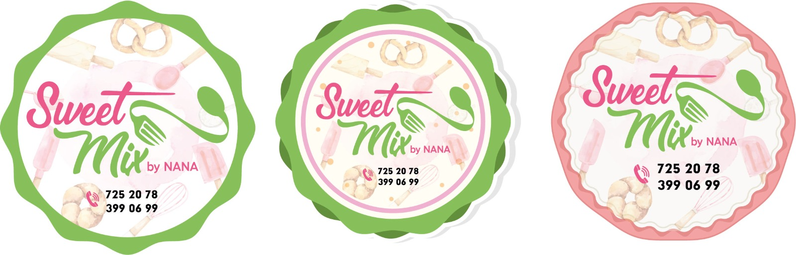 Three round die-cut product stickers for Sweet Mix by Nana with scalloped edges in pink and green and a hand-lettered logo.
