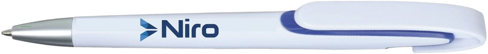 White plastic twist pen with blue clip, printed with the Niro logo in blue along the barrel.