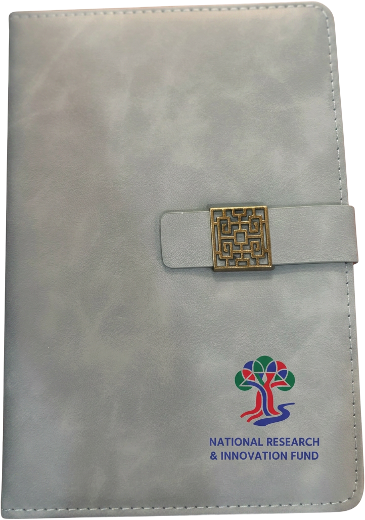 Grey faux-leather A5 notebook with a brass clasp and the National Research & Innovation Fund logo printed on the lower right of the front cover.