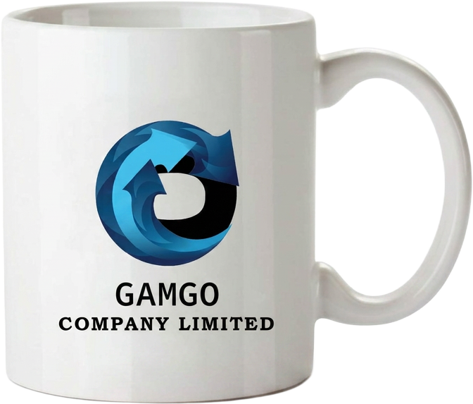 White ceramic mug printed with the blue Gamgo Company Limited logo and wordmark on the front.