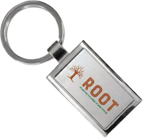 Rectangular metal keyring printed with the orange ROOT tree logo and tagline 'Planting the seeds of our future'.