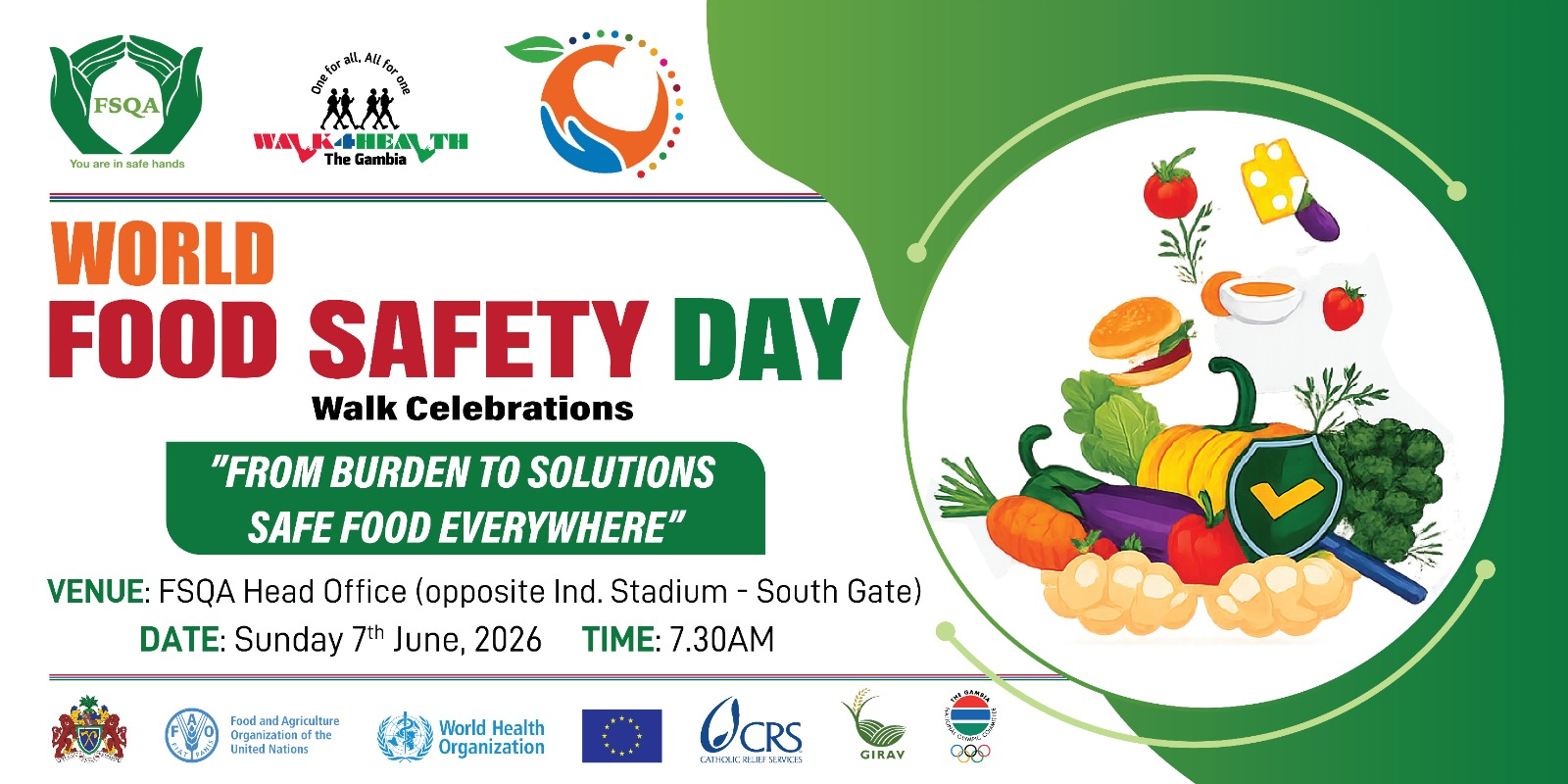 Large landscape banner for World Food Safety Day Walk Celebrations 2026, with red, green and orange typography, partner logos and a circular illustration of fruit, vegetables and a safety shield.