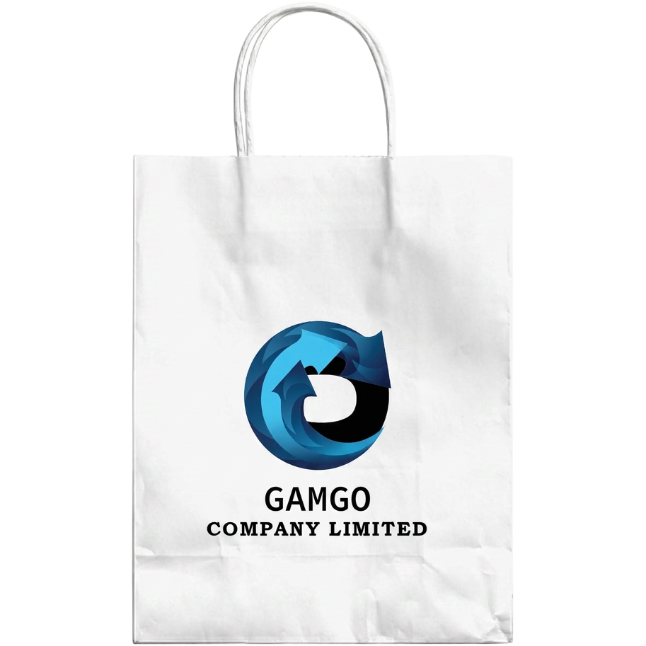 White twisted-handle paper carrier bag printed with the blue Gamgo Company Limited logo and wordmark.