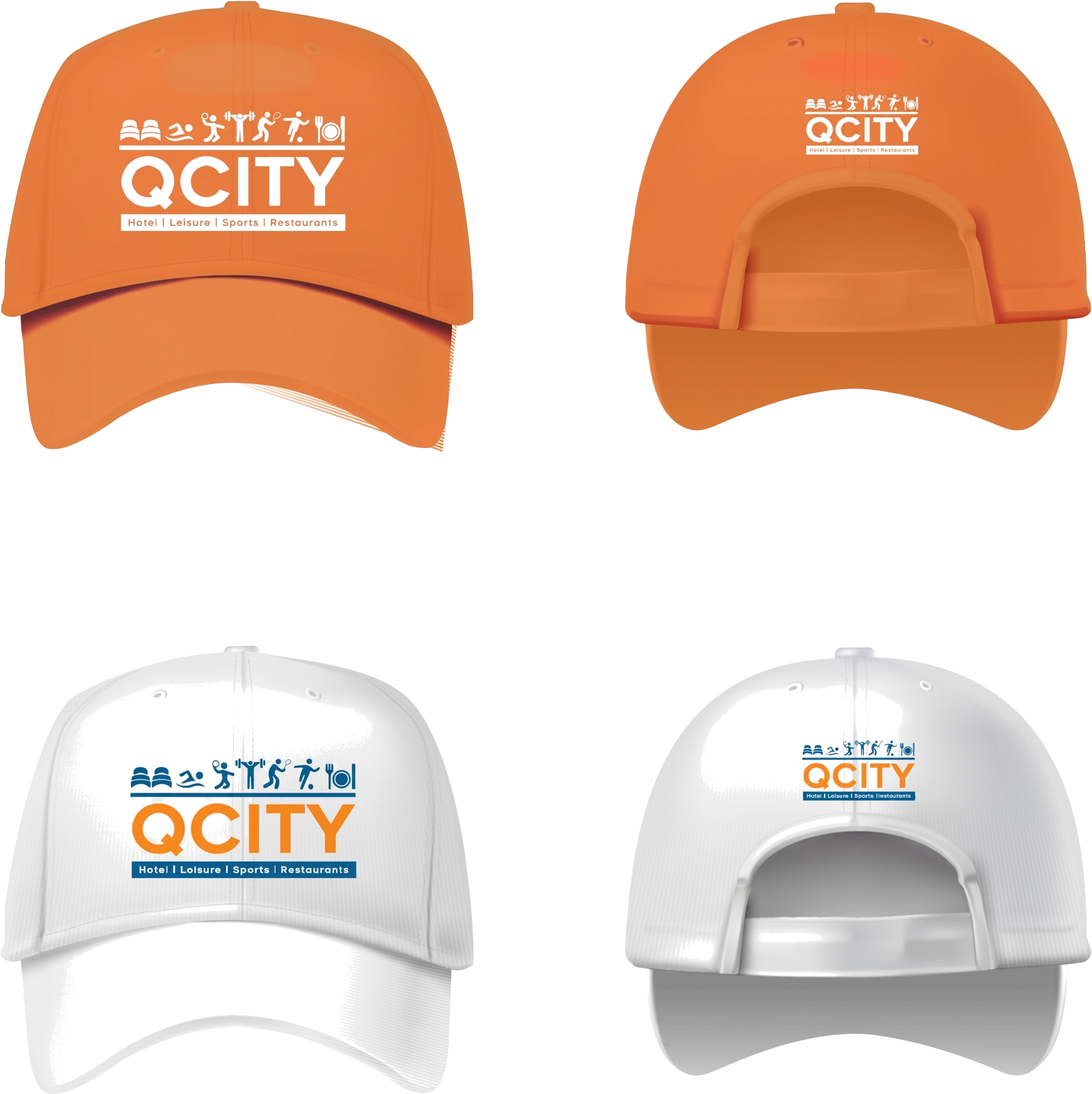 Orange and white baseball caps printed with the QCITY Hotel, Leisure, Sports & Restaurants logo, shown front and back.