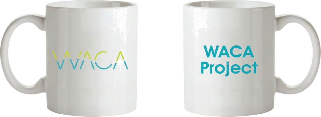 Two white ceramic mugs printed with the WACA logo on one side and 'WACA Project' wordmark on the other.