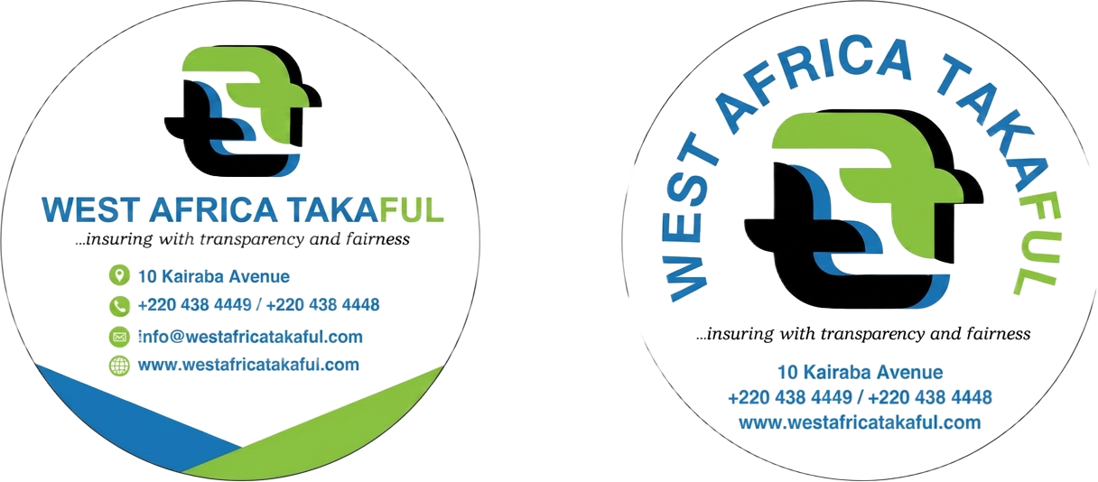 Two circular die-cut stickers for West Africa Takaful with the brand mark, tagline and contact details.