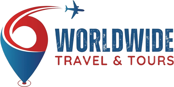 Worldwide Travel & Tours logo featuring a red and blue location pin with an aeroplane, set over a faded world map.